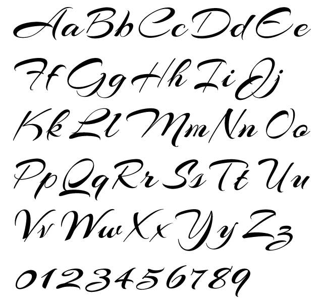 Arizonia Alphabet Example - Typeface by Rob Leuschke - Pointed Brush Script, Sweeping Contrasts