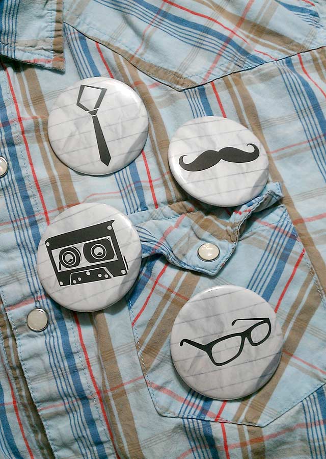 Hipster Pinback Buttons and Magnets - Skinny Tie, Moustache, Cassette Tape, Square Rimmed Glasses, Cowboy Plaid Shirt with Pearl Buttons