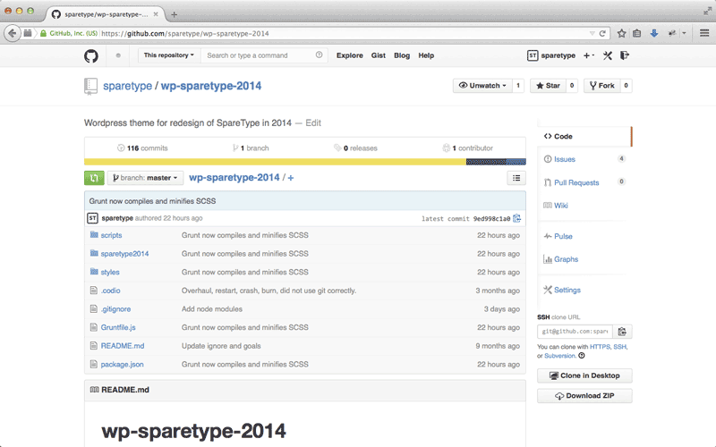 Github Screenshot of SpareType 2014 Project, version control, redesign