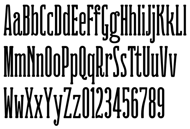 Ridewell Typeface by Kostas Bartsokas - Alphabet Example, wood type inspired, tall serif