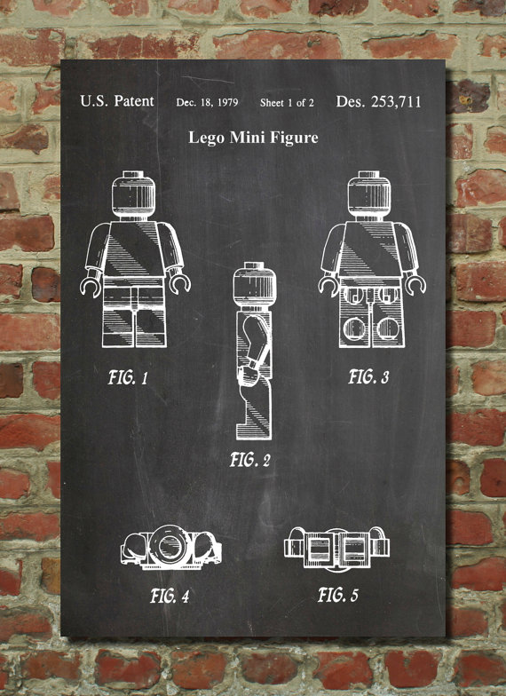 Lego Mini Figure Patent Application - Printed by Patent Prints as White Diagram on Chalkboard Background and Brick Wall