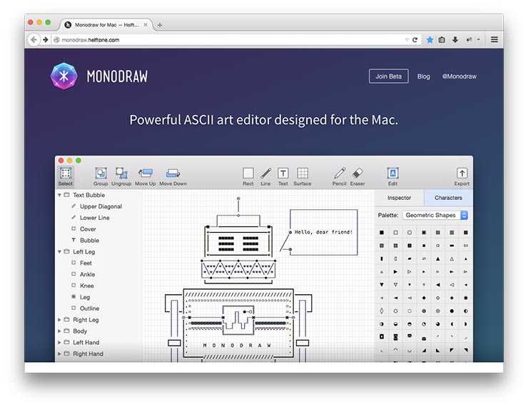 Screenshot of Monodraw ASCII art text editor for Mac by Helftone, ASCII art robot
