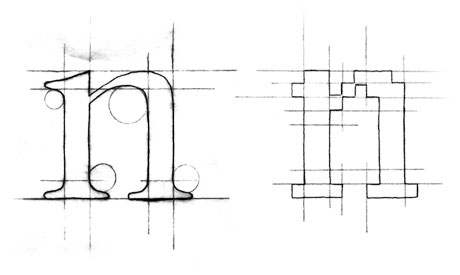Two Tracing Sketches of Lowercase "n" from Caslon to a Pixel Based Type