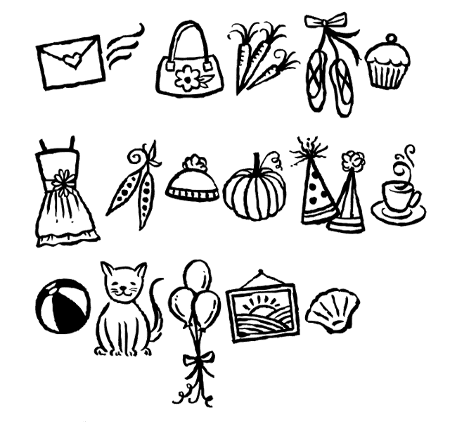 A Few Hand Drawn Outline Icons - Including a Cupcake, Envelope, Party Hats and Balloons