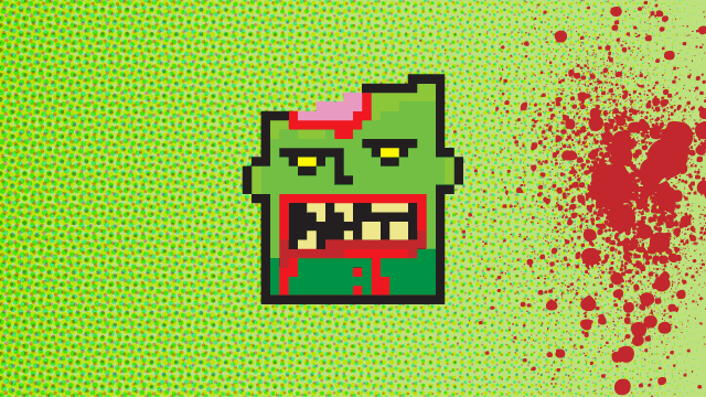 An 8-bit zombie head with exposed brains and blood splatter on a halftone dot background
