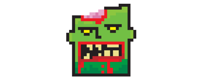 Pixelated Zombie Head with Brains Showing, Gnarly Teeth, and Blood Dripping Mouth