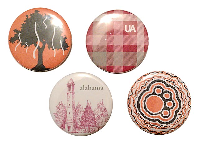 Auburn and Alabama Pinback Buttons - Toomers Corner, Toomers Oaks, Denny Chimes, Tiger Paw