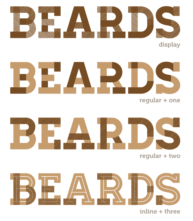 Homestead Typeface Example - Layering Options with the word Beards, Slab Serif
