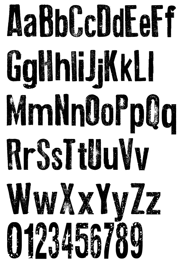 Old Press Alphabet Example - Block Print Sans Serif with Distressed Texture and Uneven Baseline Alignments