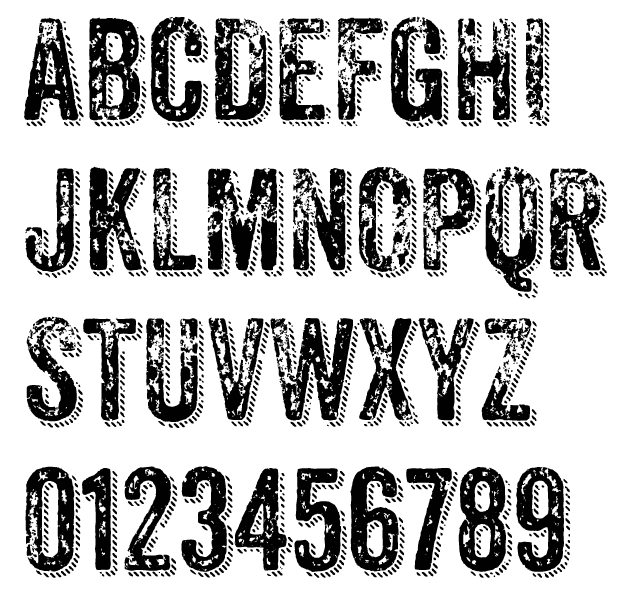 Anodyne Typeface Alphabet Example - Grunge, Distressed Typography, Drop Shadow Layers