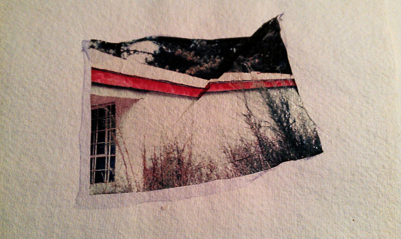 2013-03-02-polaroid_transfer, white building with red trim on textured paper