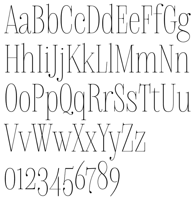 Delgado Typeface by Gaslight Font Foundry - Alphabet Example, thin elegant, ball serifs