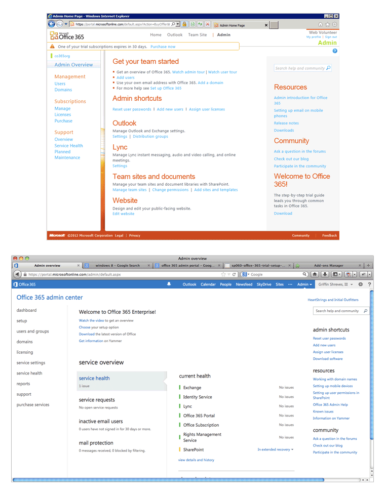 Office 365 Admin Screen Comparison - Screenshot of 2012 and 2013 versions of the administration portal