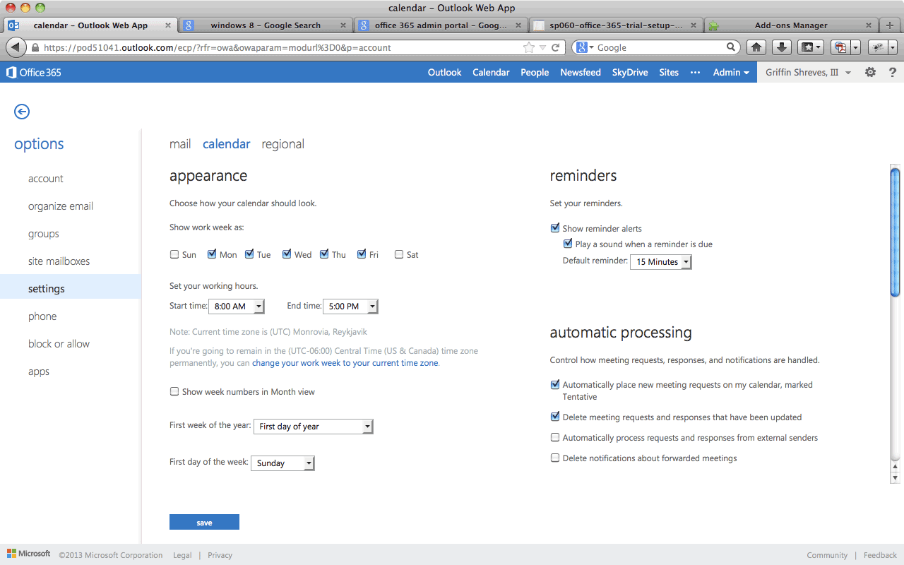 Office365 Calendar Settings - Screenshot of options for online calendar, work week, timezone, reminders