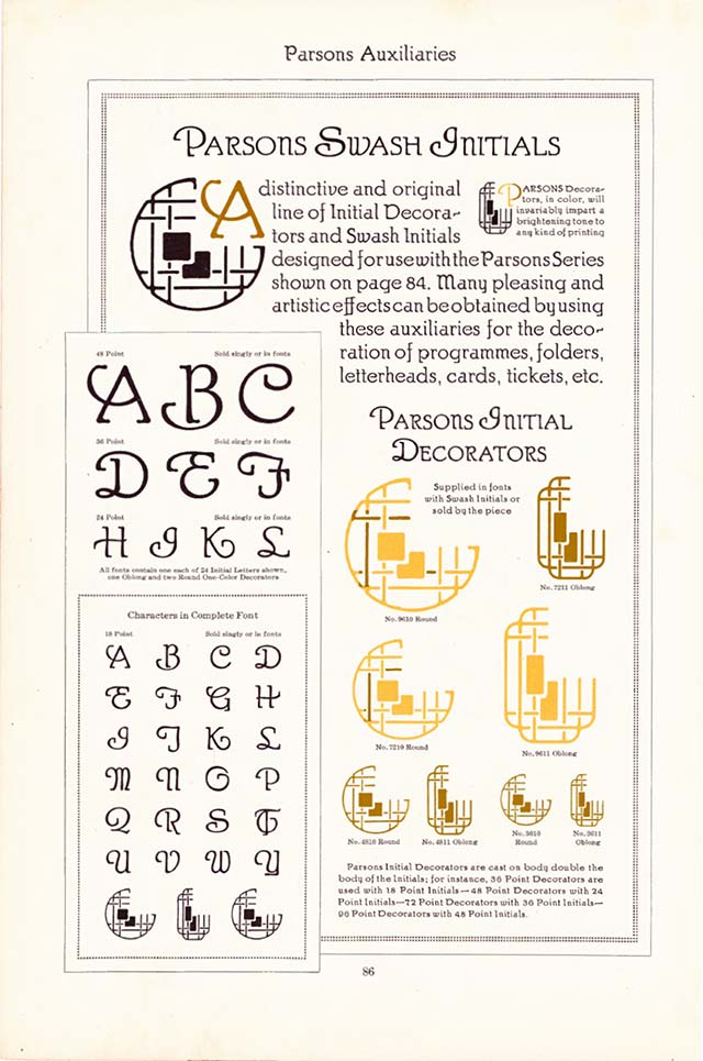 Page 86 of the 1923 American Type Founders Specimen Book, Swash initial capitals with line art decoraction