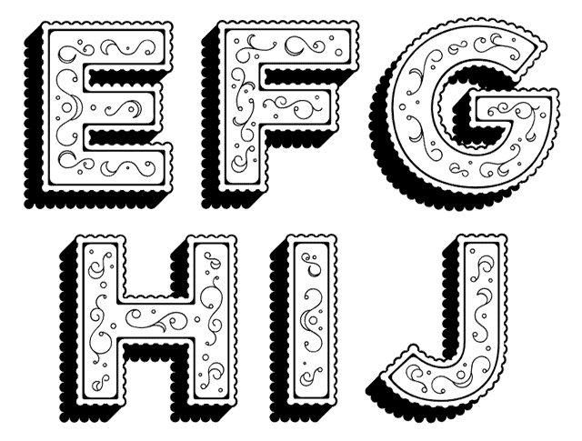 Elise Typeface by Alex Liebold - Alphabet Example, letters efghij, layered type, ornamental