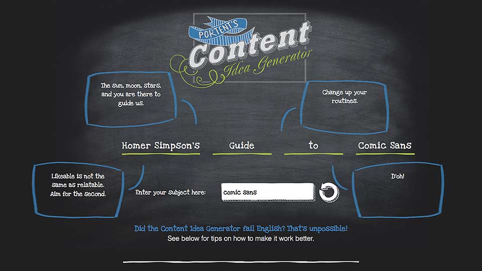 Portent's Content Idea Generator Screenshot - chalkboard background, comic sans keyword, homer simpson reference, article title, writing prompt, search engine optimized headline