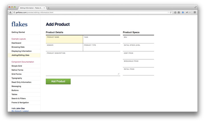 Flakes Framework Screenshot of Form Entry Screen, Admin UI, CSS framework